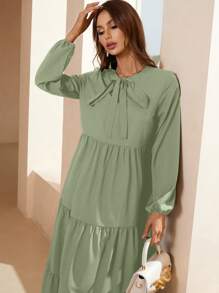 Mulvari Tie Neck Lantern Sleeve Ruffle Hem Dress Maxi Women Outfit - Green - View 4