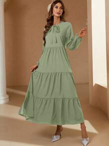 Mulvari Tie Neck Lantern Sleeve Ruffle Hem Dress Maxi Women Outfit - Green - View 5