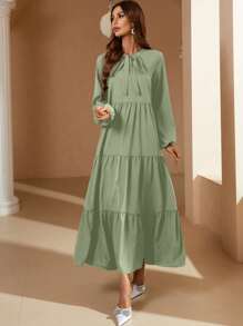 Mulvari Tie Neck Lantern Sleeve Ruffle Hem Dress Maxi Women Outfit - Green - View 6