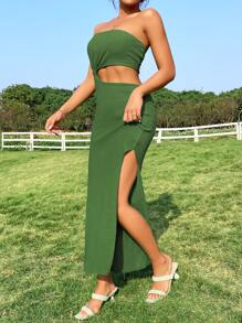 Soleia Cut Out Split Thigh Tube Dress - Army Green - View 5