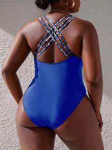 SHEIN Swim Curve Plus Leopard Trim One Piece Swimsuit - Royal Blue - View 2