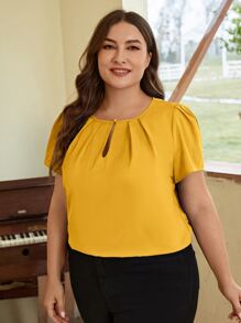 SHEIN Clasi Plus Keyhole Neck Fold Pleated Front Top - Yellow - View 3