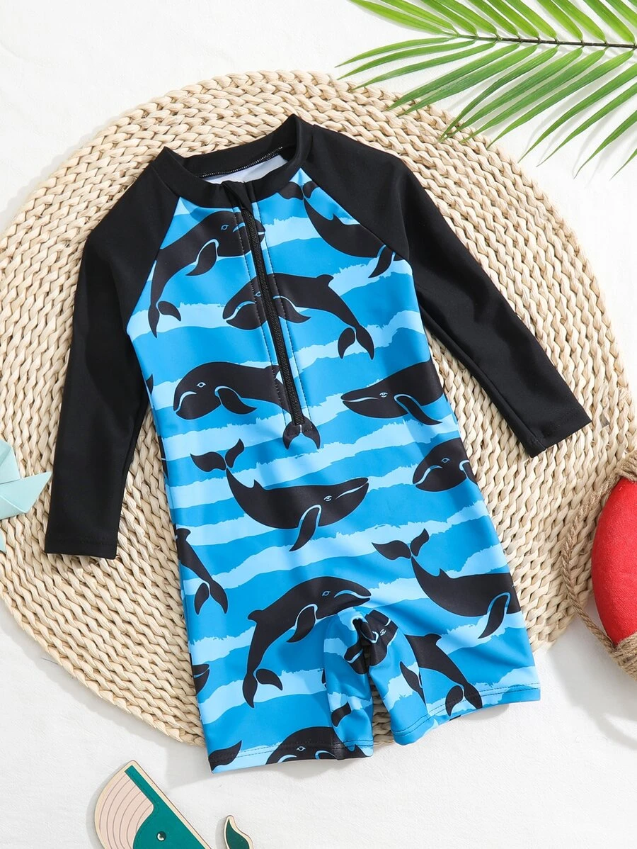 SHEIN 男嬰條紋圖案和鯊魚印花連體泳衣 - 彩色 - 查看 1