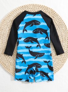 SHEIN 男嬰條紋圖案和鯊魚印花連體泳衣 - 彩色 - 查看 2