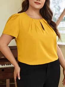 SHEIN Clasi Plus Keyhole Neck Fold Pleated Front Top - Yellow - View 4
