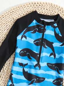 SHEIN 男嬰條紋圖案和鯊魚印花連體泳衣 - 彩色 - 查看 4