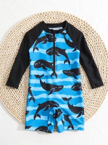 SHEIN 男嬰條紋圖案和鯊魚印花連體泳衣 - 彩色 - 查看 5