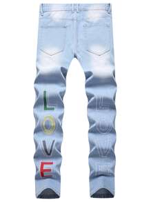 Men Letter Embroidery Skinny Jeans - Light Wash - View 1