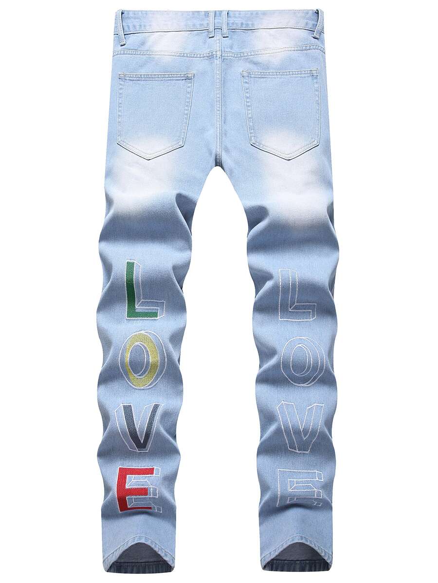 Men Letter Embroidery Skinny Jeans - Light Wash - View 1