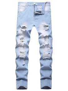 Men Letter Embroidery Skinny Jeans - Light Wash - View 2
