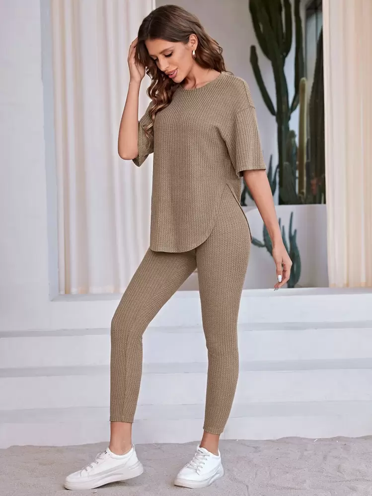 SHEIN LUNE Áo thun trễ vai và quần legging, trang phục thường ngày cho mùa hè. - Màu nâu  Mocha - Xem 4