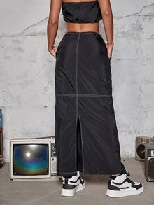 街短款抹胸上衣和腰部抽繩斜口袋拼接車縫工裝裙套裝 - 黑色 - 查看 2