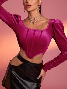 Asymmetrical Hem Velvet Top - Hot Pink - View 5