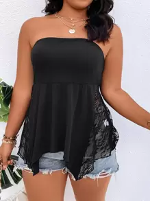 SHEIN Holidaya 大碼蕾絲拼接不對稱下擺抹胸上衣 - 黑色 - 查看 1