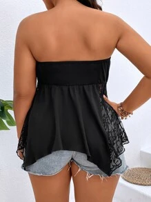 SHEIN Holidaya 大碼蕾絲拼接不對稱下擺抹胸上衣 - 黑色 - 查看 2