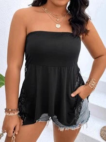 SHEIN Holidaya 大碼蕾絲拼接不對稱下擺抹胸上衣 - 黑色 - 查看 4