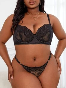 Set de lencería con encaje floral con aro - Negro - Ver 3