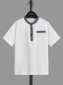 SHEIN Boys Contrast Trim Half Button Shirt - White - View 1