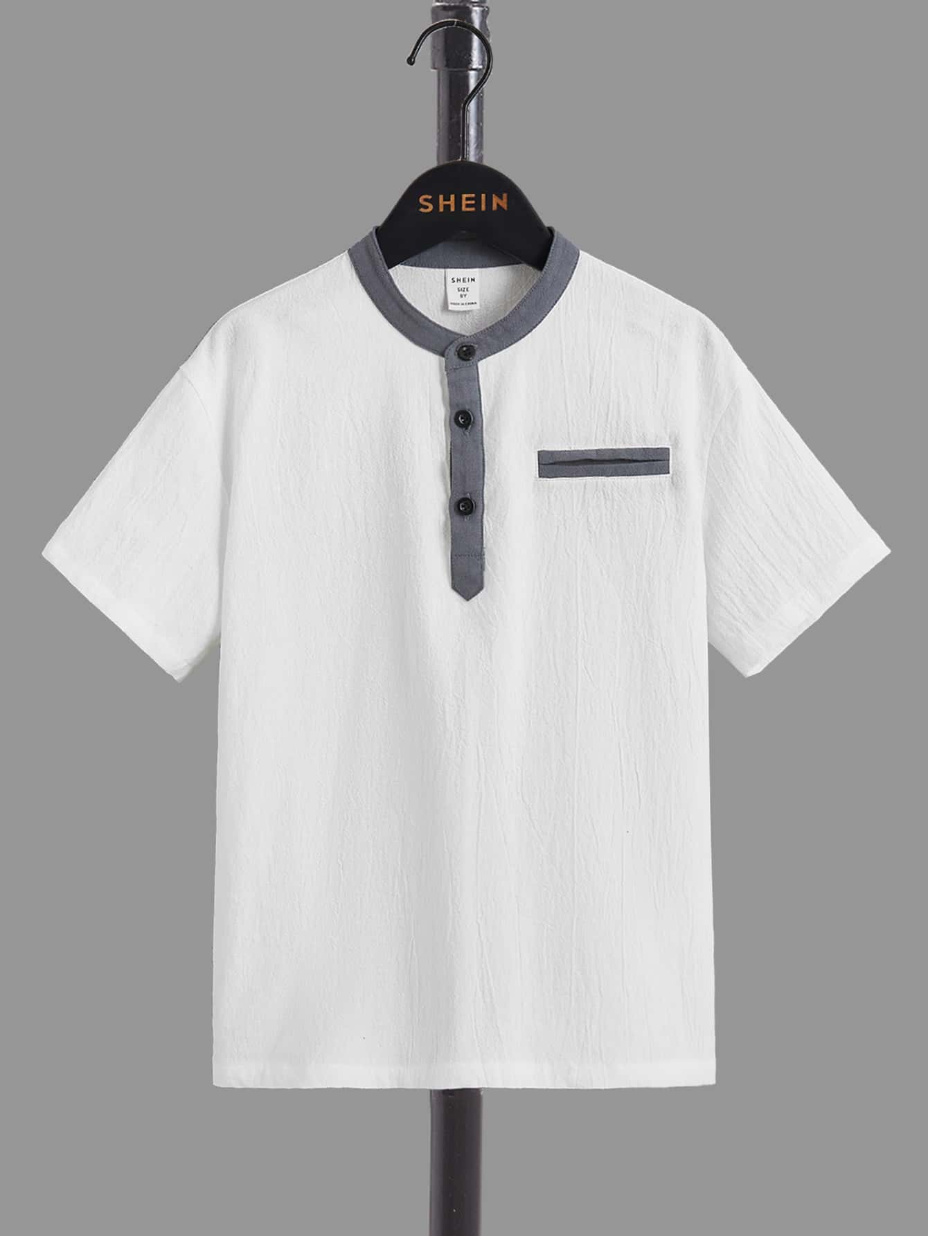 SHEIN Boys Contrast Trim Half Button Shirt - White - View 1