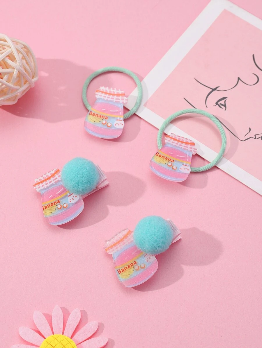 2pcs Pom Pom Decor Hair Clip & 2pcs Hair Tie