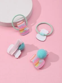2pcs Pom Pom Decor Hair Clip & 2pcs Hair Tie