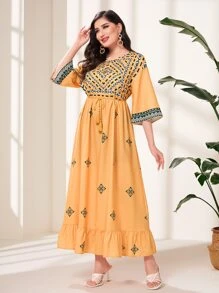 Al Najma Geo Print Drawstring Waist Ruffle Hem Dress - Mustard Yellow - View 1