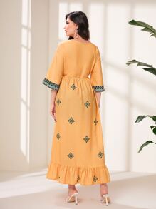 Al Najma Geo Print Drawstring Waist Ruffle Hem Dress - Mustard Yellow - View 2