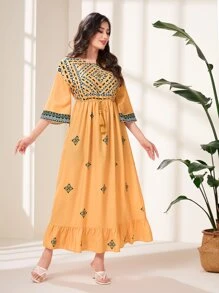 Al Najma Geo Print Drawstring Waist Ruffle Hem Dress - Mustard Yellow - View 4