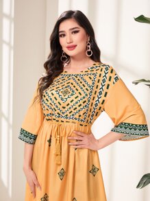 Al Najma Geo Print Drawstring Waist Ruffle Hem Dress - Mustard Yellow - View 5