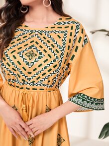 Al Najma Geo Print Drawstring Waist Ruffle Hem Dress - Mustard Yellow - View 6