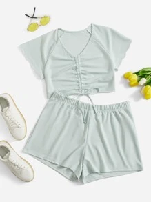SHEIN Qutie Plus Drawstring Front Raglan Sleeve Tee & Shorts - Mint Blue - View 1