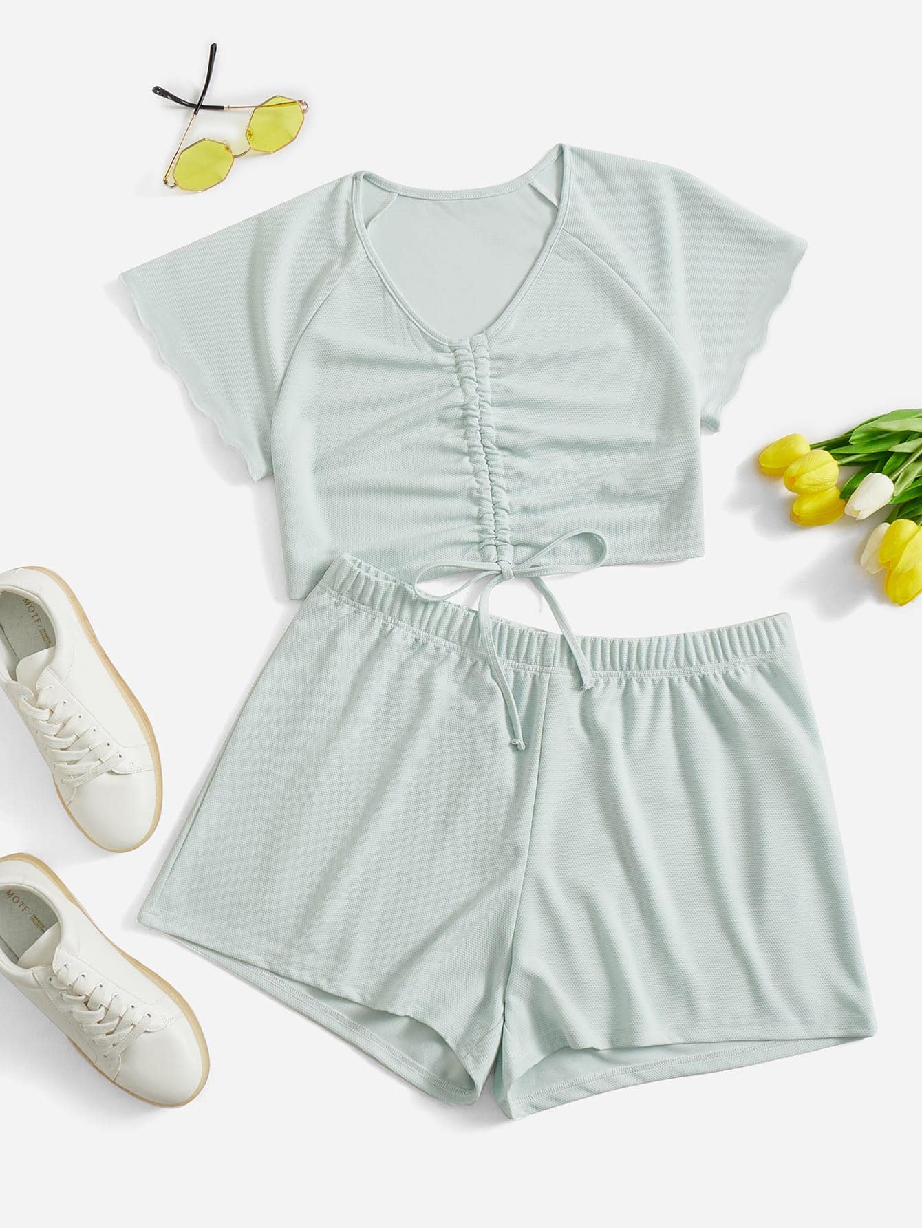 SHEIN Qutie Plus Drawstring Front Raglan Sleeve Tee & Shorts - Mint Blue - View 1