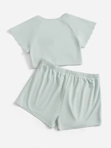 SHEIN Qutie Plus Drawstring Front Raglan Sleeve Tee & Shorts - Mint Blue - View 2