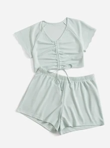SHEIN Qutie Plus Drawstring Front Raglan Sleeve Tee & Shorts - Mint Blue - View 3