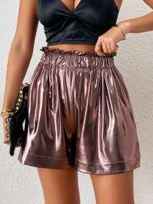 SHEIN BAE Paperbag Waist Slant Pocket Metallic Shorts - Coffee Brown - View 4
