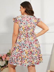 SHEIN VCAY 大碼印花前打結荷葉邊洋裝 - 彩色 - 查看 2