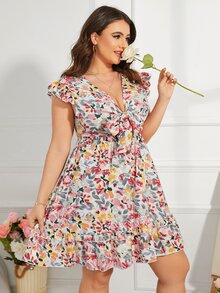 SHEIN VCAY 大碼印花前打結荷葉邊洋裝 - 彩色 - 查看 4