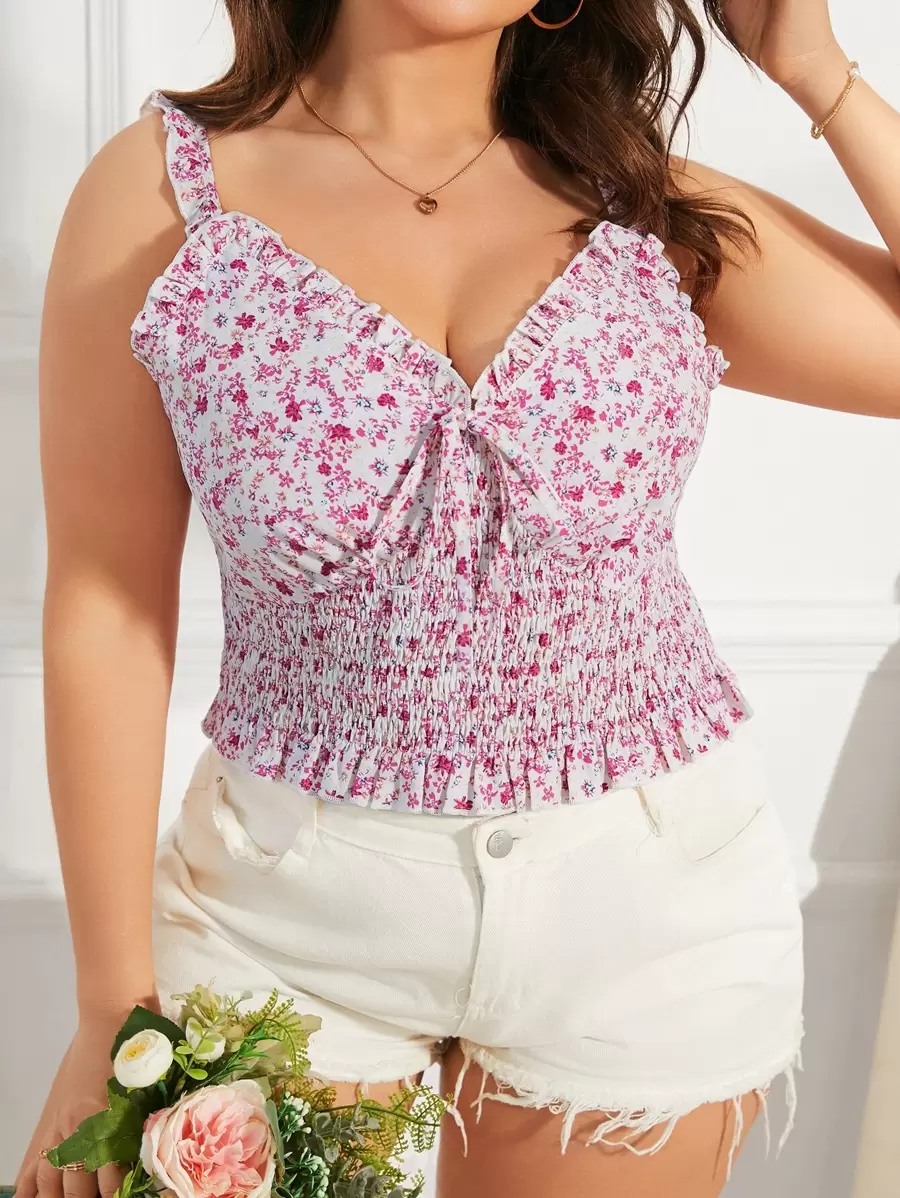 SHEIN VCAY 大碼碎花前打結吊帶上衣 - 彩色 - 查看 1