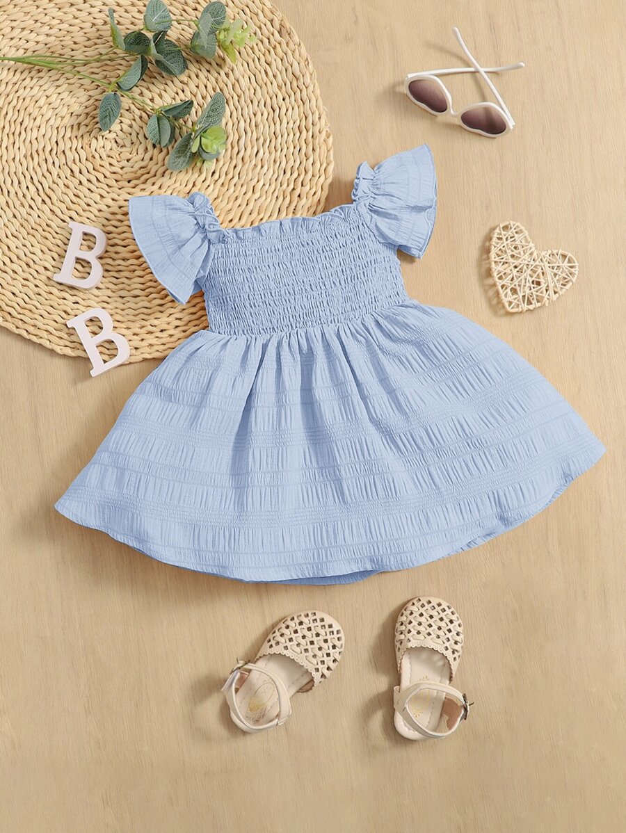 SHEIN Leap Crew Baby Girl Solid Ruffle Trim Shirred Bodice Dress - Baby Blue - View 1