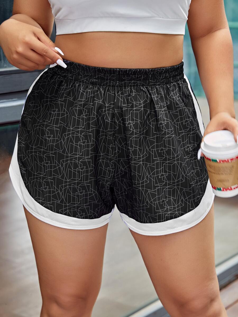 SHEIN Running Plus Geo Print Contrast Trim Sports Shorts - Black - View 1