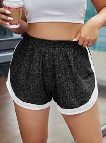 SHEIN Running Plus Geo Print Contrast Trim Sports Shorts - Black - View 4