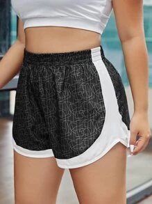 SHEIN Running Plus Geo Print Contrast Trim Sports Shorts - Black - View 6