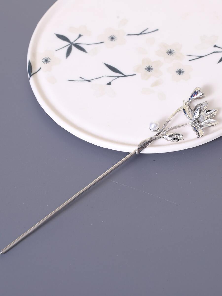 Flower & Faux Pearl Decor Hair Pin - Silver - View 1