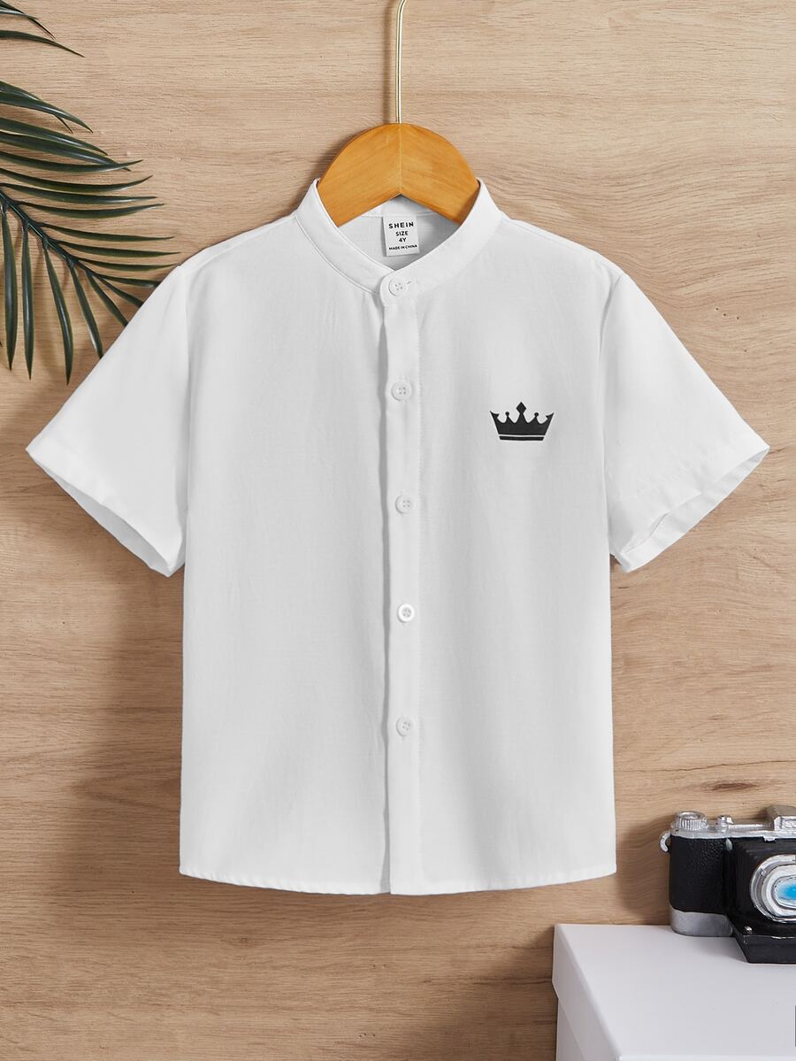 SHEIN Toddler Boys Crown Print Button Front Shirt - White - View 1