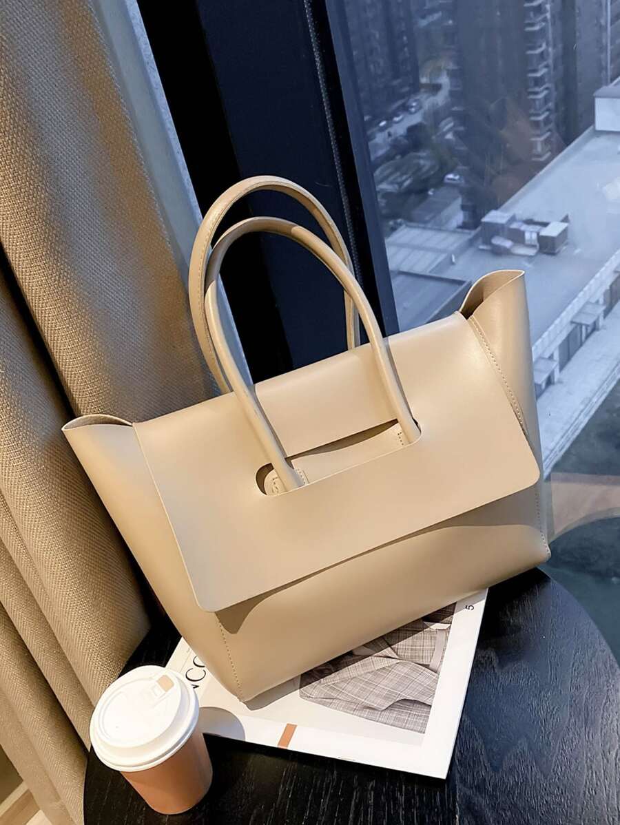 極簡翻蓋單肩托特包 - 卡其色 - 查看 1