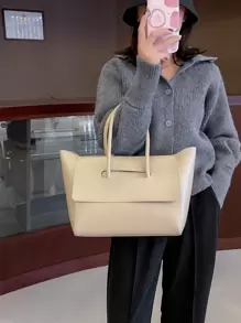 極簡翻蓋單肩托特包 - 卡其色 - 查看 2