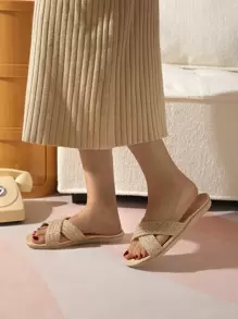 女士秋冬夏季卧室拖鞋，编织细节交叉绑带家居拖鞋，毛绒拖鞋