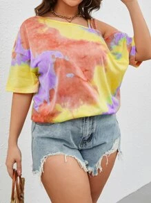SHEIN LUNE Plus Tie Dye Asymmetrical Neck Tee - Multicolor - View 4