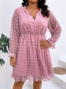 SHEIN LUNE Plus Swiss Dot Tie Neck Flounce Sleeve Ruffle Hem Chiffon Dress - Pink - View 2