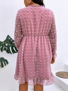 SHEIN LUNE Plus Swiss Dot Tie Neck Flounce Sleeve Ruffle Hem Chiffon Dress - Pink - View 3
